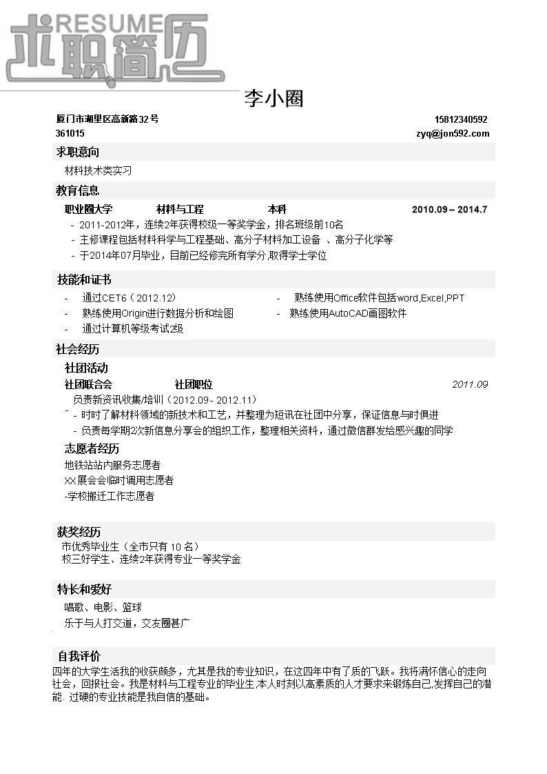 5298_材料与工程类毕业生应聘材料技术类岗位简历模板，  - 材料工程简历模板